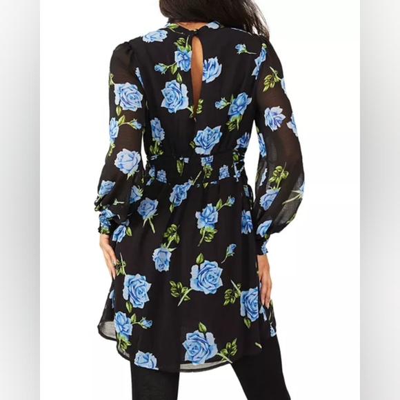 Free People Samantha black blue lace up floral long sleeve chiffon mini dress XL - Picture 3 of 13